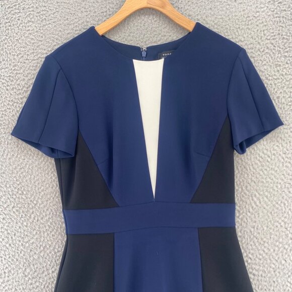 Tahari Dress Womens 6 Navy Colorblock Fit & Flare Scuba Stretch Short Sleeves - Picture 2 of 11